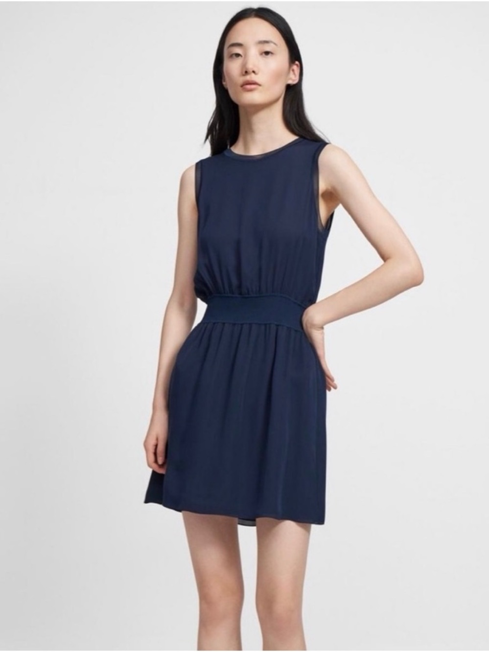 Theory Sleeveless Navy 100% Silk Waistband Dress